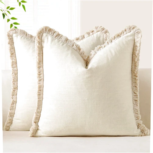 OTOSTAR Set of 2 Linen Fringe Decorative Throw Pillow Covers 18x18 Inch Soft Accent Cushion Covers with Tassels Boho Farmhouse Home Decor Pillowcases for Sofa Couch Patio Bed Living Room, Cream White