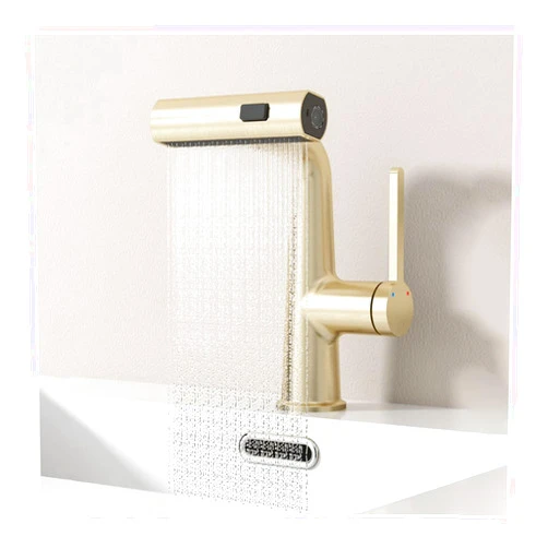 ASCDAP Bathroom Faucet with Pull Down Sprayer,Brushed Gold Waterfall Rainfall Bathroom Sink Faucet,Single Handle Brass Basin Mixer Taps