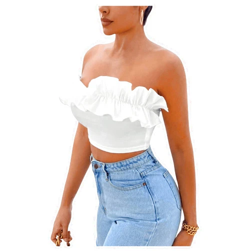 WDIRARA Women's Off Shoulder Ruffled Trim Crop Tube Top Summer Slim Fit Sexy Tee Tops