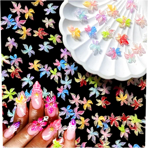 SHUXILIN 60PCS Flower Nail Art Charms 3D Hawaii Flowers Nail Rhinestones Glow in Dark Hibiscus Floral Nail Gems Nail Diamonds Nail Jewelry Luminous Ice Flower Nail Supplies for Women Girls Manicure Decorations