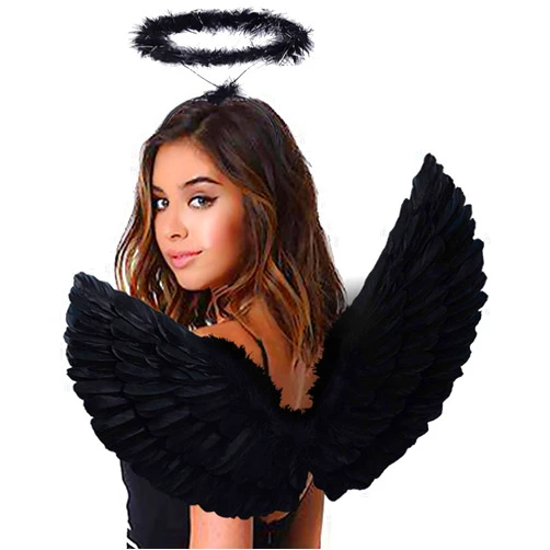 Antspirit Angel Black Wings and Halo Angel Costume for Girls Kids Women Halloween (Black)