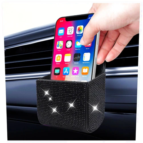Salior Car Vent Storage Organizer,Bling Car Accessories for Women or Man,Rhinestone Car Vent Leather Pocket,Multipurpose Car Storage/Car Sunglass Holder/Car Coin Holder for Car (Black)