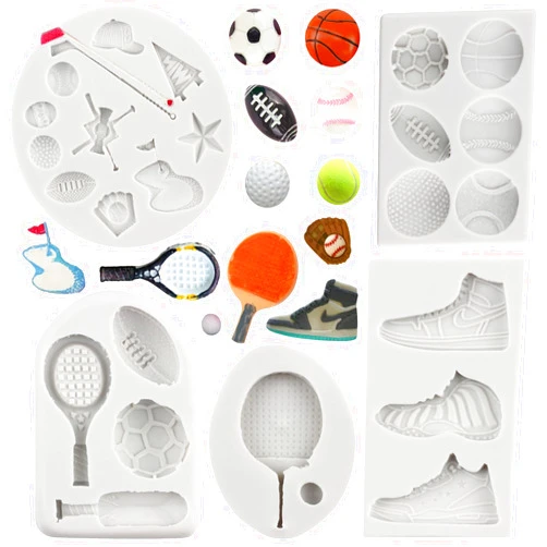 MYPRACS Ball Silicone Molds Football Baseball Basketball Rugby Tennis Fondant Mold Sneakers Sports Shoe Mold For Cake Decorating Cupcake Topper Candy Chocolate Gum Paste Polymer Clay Set Of 5