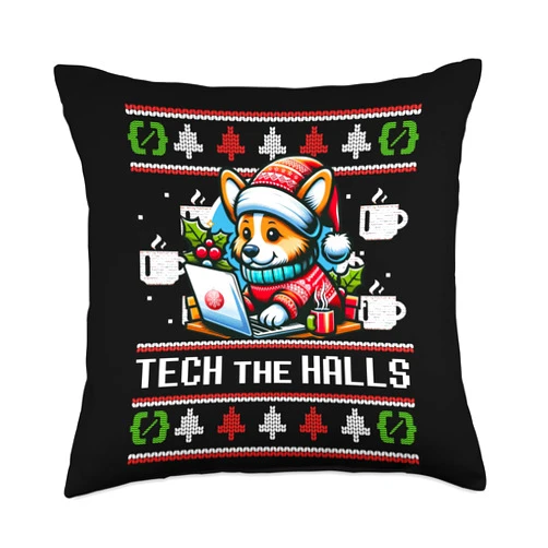 ROUTINE EAT SLEEP CODE REPEAT Fun Developers Memes TECH The Halls Funny Ugly Christmas Sweater Corgi Santa Meme Throw Pillow, 18x18, Multicolor