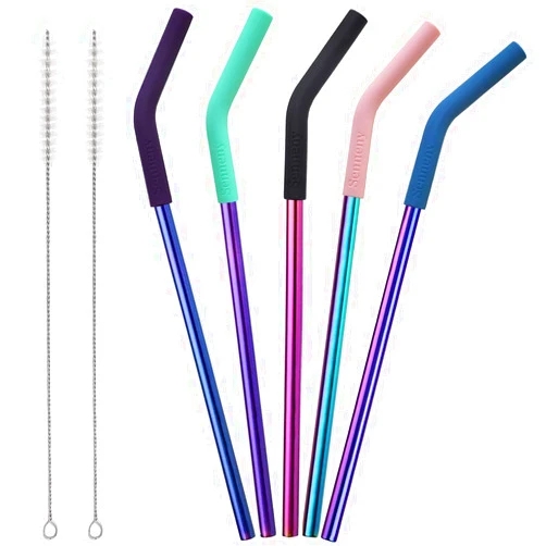Senneny Set of 5 Stainless Steel Straws with Silicone Flex Tips Elbows Cover, 2 Cleaning Brushes and 1 Portable Bag Included (Colorful)- 8mm diameter