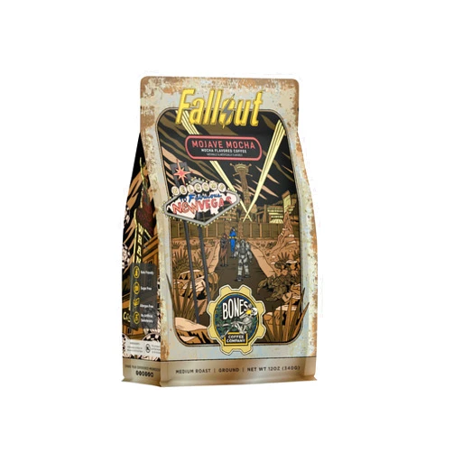 Bones Coffee Company Fallout Mojave Mocha, Mocha Flavored Coffee, Medium Roast Low Acid Arabica Beans Compatible with Auto drip and French Press Coffee Maker, 12 Oz Ground