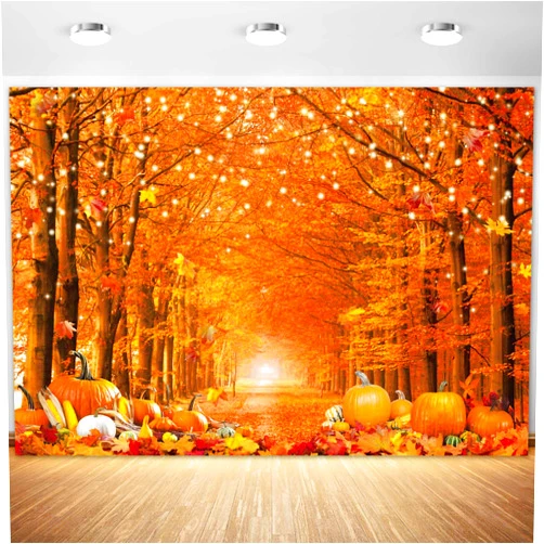 Fluzimir 7x5FT Polyester Fall Autumn Photo Backdrop for Photography Autumn Forest Scenery Maple Leaves Pumpkins Background Fall Thanksgiving Day Friendsgiving Party Decorations Fabric