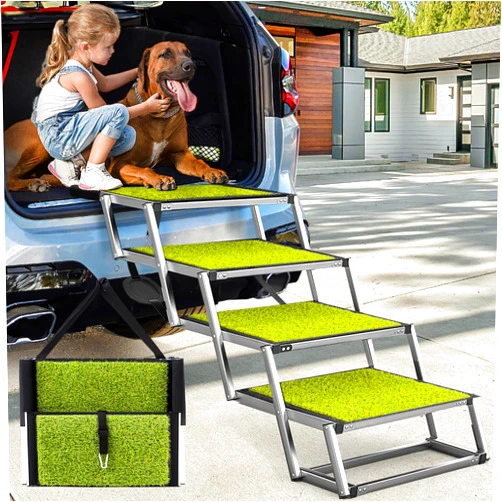 Joyrally Dog Ramp for Car, Extra Wide Dog Car Stair for Large Dogs, Pet Steps Lightweight Aluminum Foldable Dog Steps for Cars and SUV,High Beds, Trucks, Supports up to 200 lbs (Extra Wide-4 Steps with Grass)