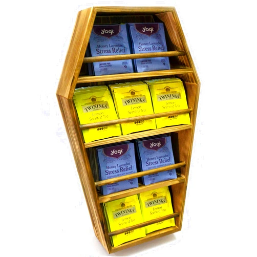 LIJEPNA Gothic Vertical Tea Bag Organizer-Tea Bag Holder Halloween Decoration-Wooden Coffin Shaped-Tea Storage Chests-Holds 120 Tea Bags-for Home, Office or Café,Crystal, Agate,Sugar Packets (Pine)