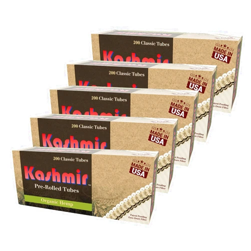 Kashmir 100% Organic Classic Pre-Rolled Tubes 1000 Count, Easy to Draw Filter, Natural Clean and Smooth Taste - 200 Tubes Per Carton Pack of 5
