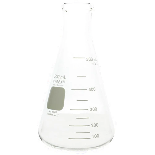 Corning 4980-500 Pyrex Narrow Mouth Erlenmeyer Flask with Heavy Duty Rim, 100 mL capacity-500 mL Capacity Graduation Range, Rubber Stopper Number 7, 101 mm Diameter