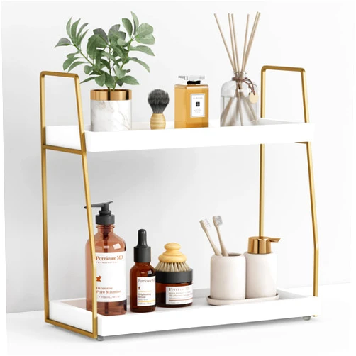 Forbena Bathroom Organizer Countertop, Counter Organizer for Bathroom Decor, Wooden Sink Shelf for Vanity Storage, Makeup Tray for Perfume Skincare Bedroom Kitchen Corner (2 Tier, White and Gold)