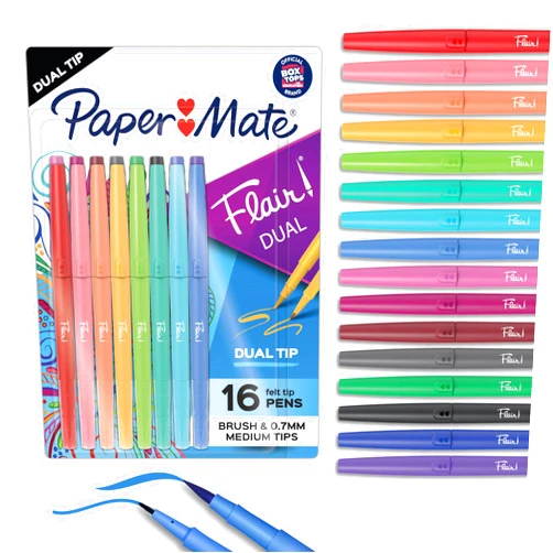 Paper Mate Flair Dual-Tip Felt Pens, Brush and Medium Tips, Assorted Vivid Colors, Pack of 16