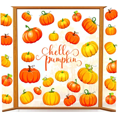 Whaline 9 Sheet Thanksgiving Pumpkin Window Clings Hello Pumpkin Double-Sided Window Decals for Fall Autumn Thanksgiving Harvest Home School Office Accessories Party Supplies Gifts