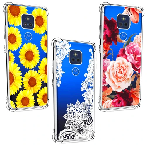 Chenlingy (3 Pack) for Moto G Play 2021 Case, Shock-Absorption Anti-Scratch Crystal Clear Soft TPU Bumper Protective Phone Case Cover for Motorola Moto G Play 2021, Purple Flower, Sun Flower, White Flower