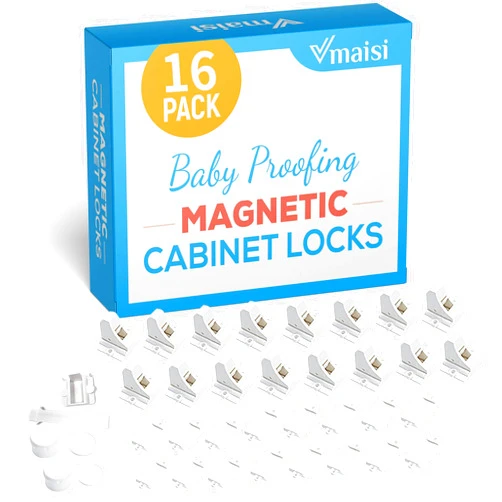 Vmaisi 16 Pack Child Safety Magnetic Cabinet Locks - Vmaisi Children Proof Cupboard Baby Locks Latches - Adhesive for Cabinets & Drawers and Screws Fixed for Protection