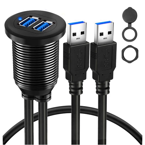 BATIGE Alloy Dual Port USB 3.0 Car Dashboard Flush Mount Cable, Male to Female with LED Indicator Extension Cable for Car Truck Boat Motorcycle Dashboard Panel - 3ft