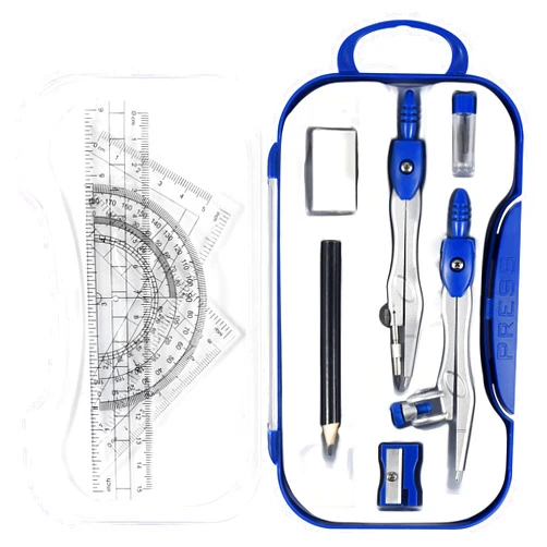 Unjoo Math Geometry Kit Sets 10 Piece Student Supplies with Shatterproof Storage Box,Includes Rulers,Protractor,Compass,Eraser,Pencil Sharpener,Lead Refills,Pencil,for Drafting and Drawings（Navy blue）