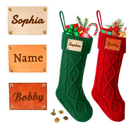 HJX Personalized Christmas Stocking Leather Name Tags 2024 Custom Name Letters Tags for Knitted Stockings,Xmas Knitted Stocking PU Leather Name Label for Kids Family
