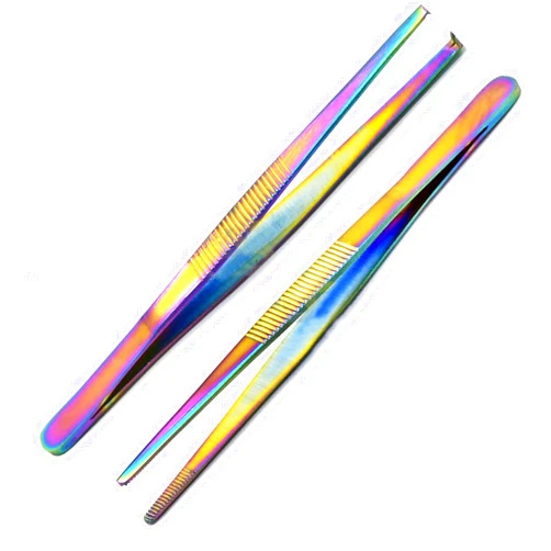 OdontoMed2011 Lot of 2 Pcs Stainless Steel Tweezers, Thumb Tissue Forceps, 1x2 & Thumb Dressing Forceps, Serrated Multi Titanium Color Rainbow ODM