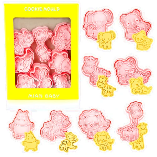 HAIJSEVR 8 Pcs Cookie Cutters, 3D Cookie Cutter with Plunger Stamp, Animal Shape Cookie Molds, Embossing Plastic Biscuit Cutter Set for Kids Fondant Cookie Baking Cake Decorations Birthday Party Supplies