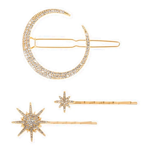 Qianyu 3 Pieces Stars and Moon Hair Clips Metal Alloy Rhinestone Decorative Bobby Pins Retro Stars and Moon Shape Bride Wedding Hair Side Barrettes Hair Accessories for Women and Girls