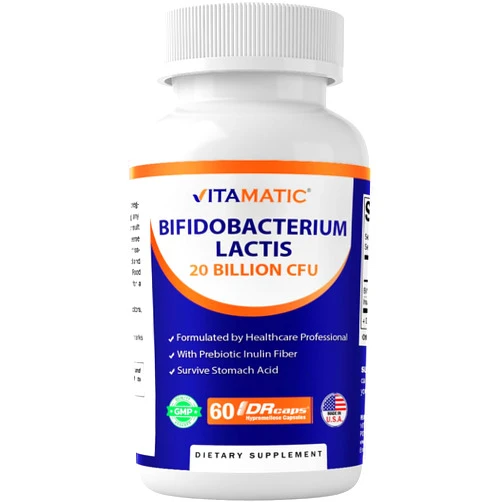Vitamatic Bifidobacterium lactis - 20 Billion per DR Capsule - 60 Count - Digestive Support - Made with Prebiotic Inulin Fiber
