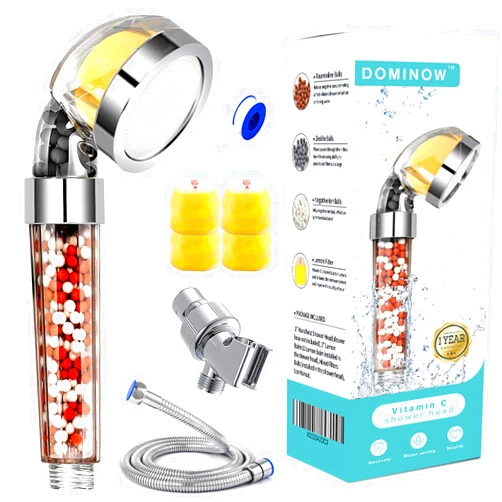 Dominow Vitamin C Shower Head with Handheld, Hard Water Softener, High Pressure Shower Head with Filter, Water Saving Spray Handheld Showerheads with Hose & 4 Replacement Balms, Base for Dry Skin & Hair