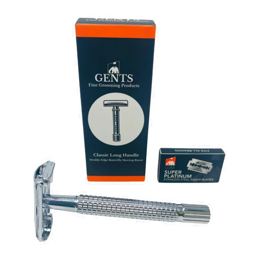 G.B.S GENTS Long Handle Classic Double Edge Safety Razor - Butterfly Open Razor 10 Stainless Steel Double Edge Blade Refills - Close, Clean Shaving Razor for Men