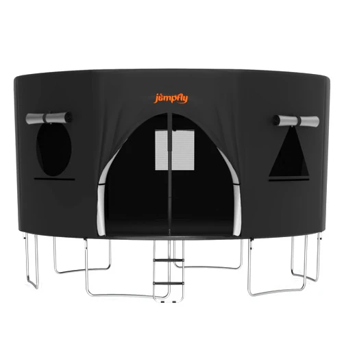 Jumpfly 12FT 14FT 8/6 Straight Poles Trampoline Tent with Accessories Colorful LED Lights, Netting, Beige Large Trampoline Tent Round Fort Building for Kids Adults Backyard Outdoor (Tent Only)