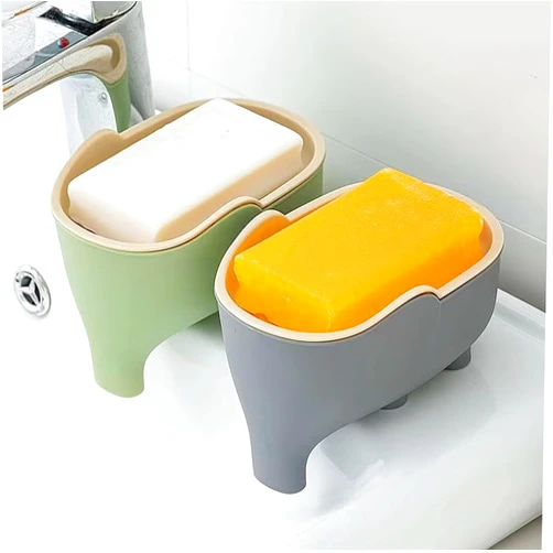 FABEILAI 2 Pack Cute Elephant Soap Dish Holder Tray Plastic Sink Self Draining Suitable for Kitchen Bathroom Bar Shower Bath Kitsch Large Shelf Drainage,Green+Gray