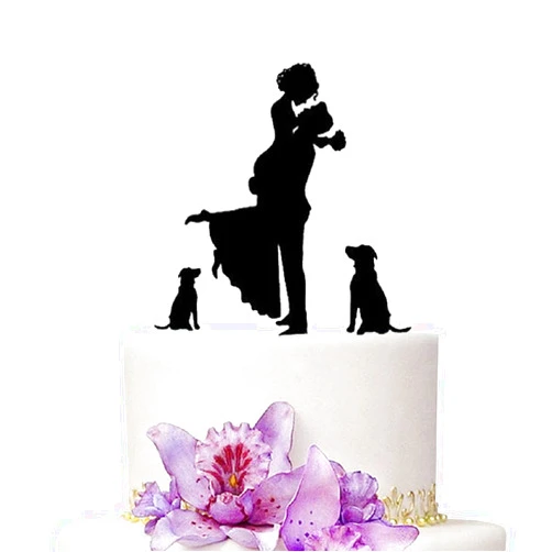 YAMI COCU Wedding Cake Toppers Bride and Groom With Dog Animal Black Color Acrylic Silhouette Wedding Party Engagement Decoration Love
