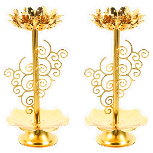 HOMSFOU 2pcs Ghee Lamp Lotus Butter Lamp Holder - 6.5 Inch Golden Brass Oil Lamp for Diwali, Buddhist Altar Supplies, Religious Decor, and Temples
