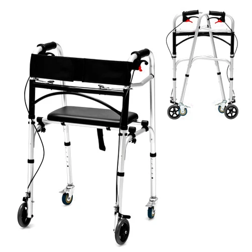 Goplus Walkers for Seniors, 4-in-1 Folding Walker with 5’’ Wheels, Detachable Seat, Height Adjustable Stand Up Walker, Medical Walking Mobility Aid, 350lbs Rolling Walker for Adult Bariatric Handicap