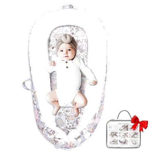 JOCUTE Baby Lounger, Portable Newborn Lounger, Organic Cotton Infant Nest Cover, Adjustable Infant Lounger, Ultra Baby Gift, Baby Bed in Room