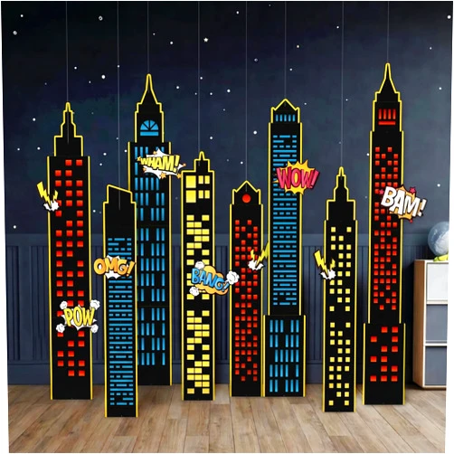 Cheerland Superhero Party Decorations Super Hero Photo Booth Backdrop Birthday Party Decoration Hero Background Buildings Cartoon Action Sign Comic Book Themed Wall Hanging Room Decor Class Supplies