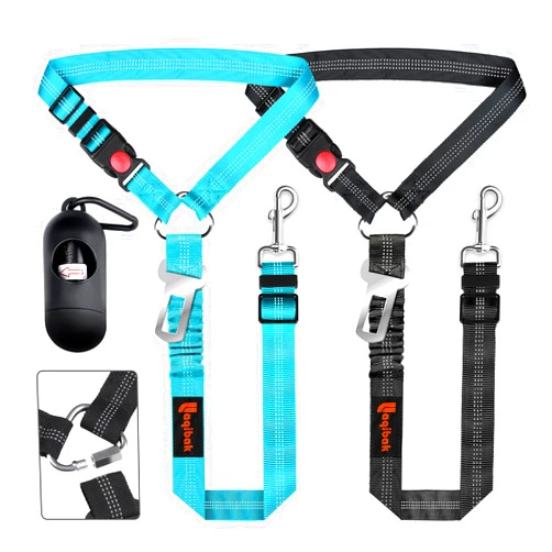 Laqibak Removable Dog Seat Belt Harness for Car, 3 in 1 Pet Dog Car Seatbelt Leash, Retractable Restraint Secures to Vehicle Headrest & Adjustable Reflective Bungee Dog Seatbelt Tether with Poop Bag Holder