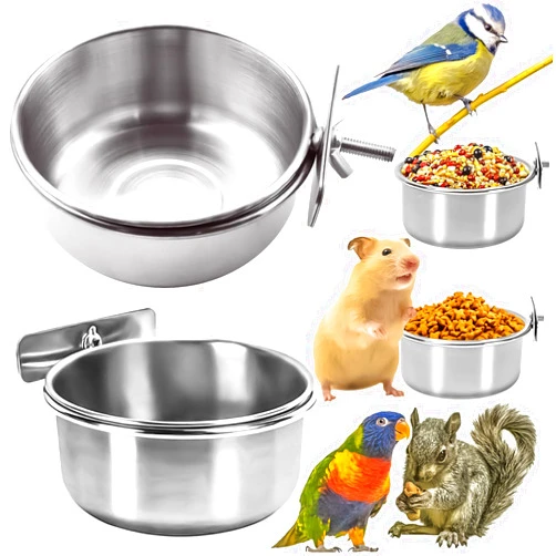 MotBach 2 Pack Stainless Steel Bird Feeding Dish Cups, Bird Feeder Parrot Food Water Bowls with Clamp, Pet Cage Cups Holder for Bird Parrot Cockatiel Conure Budgies Parakeet Small Animal