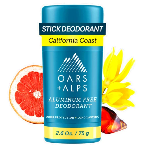 Oars + Alps Aluminum Free Deodorant for Men | Long Lasting Odor Protection, Clear & Free of White Residue, Anti-Chafing Smooth Glide, Dermatologist Tested, California Coast, 1pk, 2.6oz