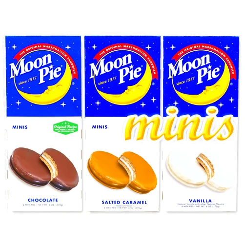 SHIPPEDFAST Moon Pie Minis Variety Pack of 3 Flavors (Chocolate, Vanilla, Caramel). 18 Total Pies Individually Wrapped. Moonpie Mini. Since 1917.