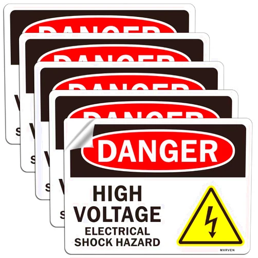 MXRVEN Danger High Voltage Sign 5 Pack, Electrical Shock Hazard Warning Sticker, 10X7 inches, Weatherproof, Indoor or Outdoor Use