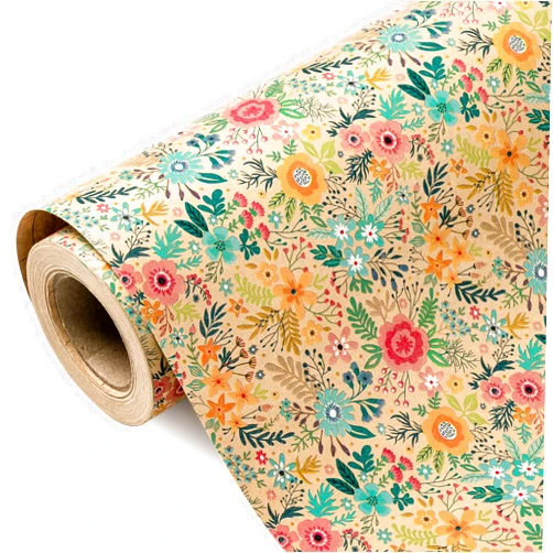 WRAPAHOLIC Kraft Floral Wrapping Paper Roll - Mini Roll - 17 Inch x 9.8 Feet - Spring Summer Garden Flower Design Perfect for Wedding, Bridal Shower, Birthday