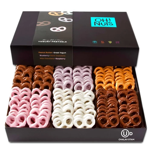 Oh! Nuts Chocolate Covered Pretzels Gift baskets, 100 + Mini Pretzels of 6 Assorted Flavors | Yogurt, Milk & Dark Chocolate for Birthday, Anniversary, Corporate Tray, Men & Women