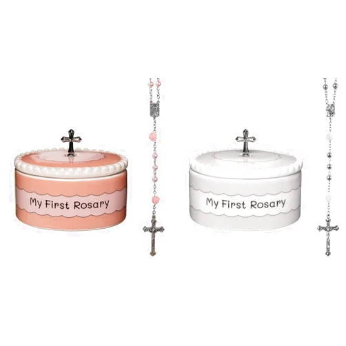 CASCADE GOODS My First Rosary and Keepsake Box Set White and Pink – Catholic Baptism Gifts for Boys, Blessed First Communion Gifts for Boys or Girl, Christening from Godparents