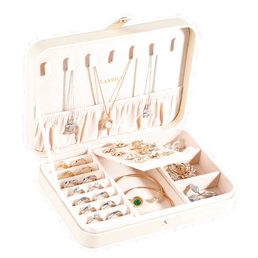 LANDICI Small Jewelry Box for Women Girls, PU Leather Travel Jewelry Case, Portable Jewelry Organizer Storage Holder Display for Ring Earrings Necklace Bracelet Bangle Men Kids Gift, Apricot
