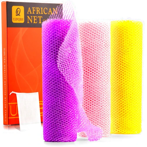 UJFQBH 3 Pieces African Net Sponge Long Bath Sponge Exfoliating Shower Body Scrubber for Daily Use, Terrific for Smoother Skin - Back Scrubber for a Refreshing Experience (Pink,Yellow,Purple)