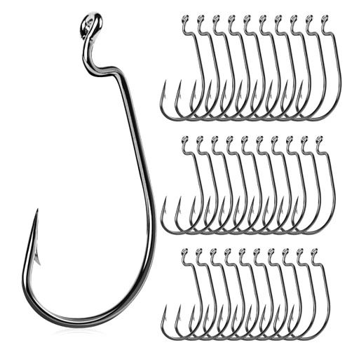 UCEC Fishing Hooks Offset Shank Worm Hooks Extra Wide Gap 2X Strong Carbon Steel Bait Jig for Bass Fishing Trout Catfish Saltwater Freshwater 1/0 2/0 3/0 4/0 5/0 30pcs/Box