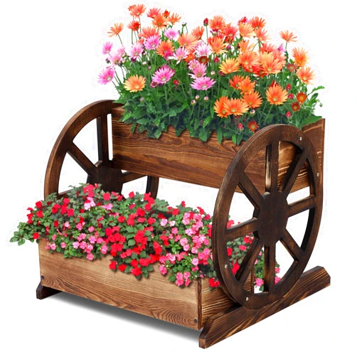 FillTouch Wooden Wagon Planter Box Decorative Wooden Cart Rustic Flower Pot Garden Wagon Decor with Wheels for Indoor Outdoor Patio Garden Balcony Backyard Decoration (1 Pcs,Unmovable Carriage Style)