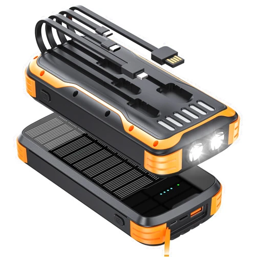 MINRISE Solar-Power-Bank-Charger, 40000mAh Portable Phone Charger Built in 4 Cables with USB C in/Output, 5V3.1A QC 3.0 Fast Charging External Batter, External Battery Pack with Dual Bright Flashlights
