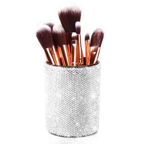OTOSTAR Bling Crystal Makeup Brush Holder Organizer Storage Cosmetic Tools Eyebrow Pencil Eyeliners, Multifunctional Handcrafted Rhinestones Pen Holder for Home Office (Silver)